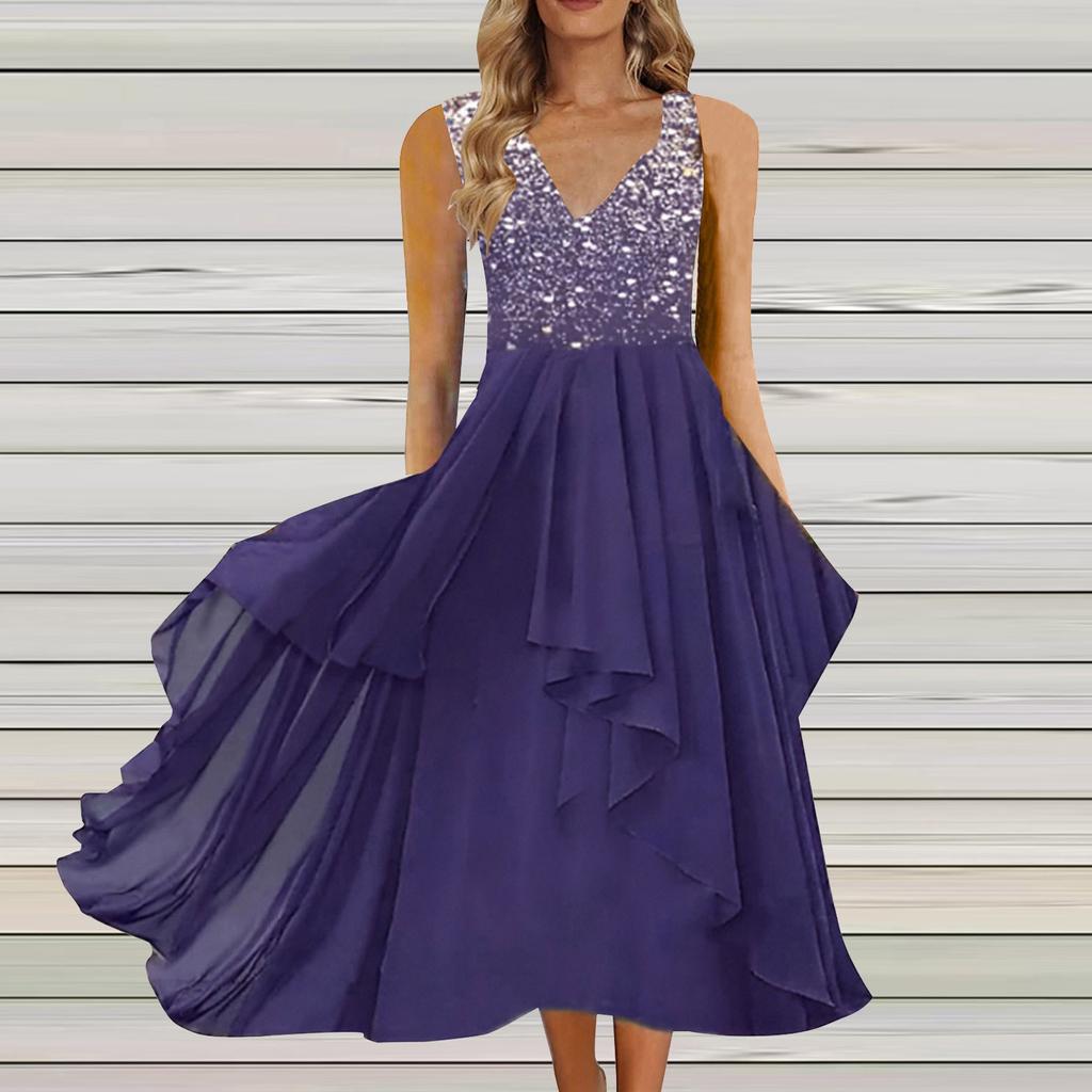 Women's Dress Chiffon Elegant Patchwork Dress Sleeveless Long Dress Evening Dress