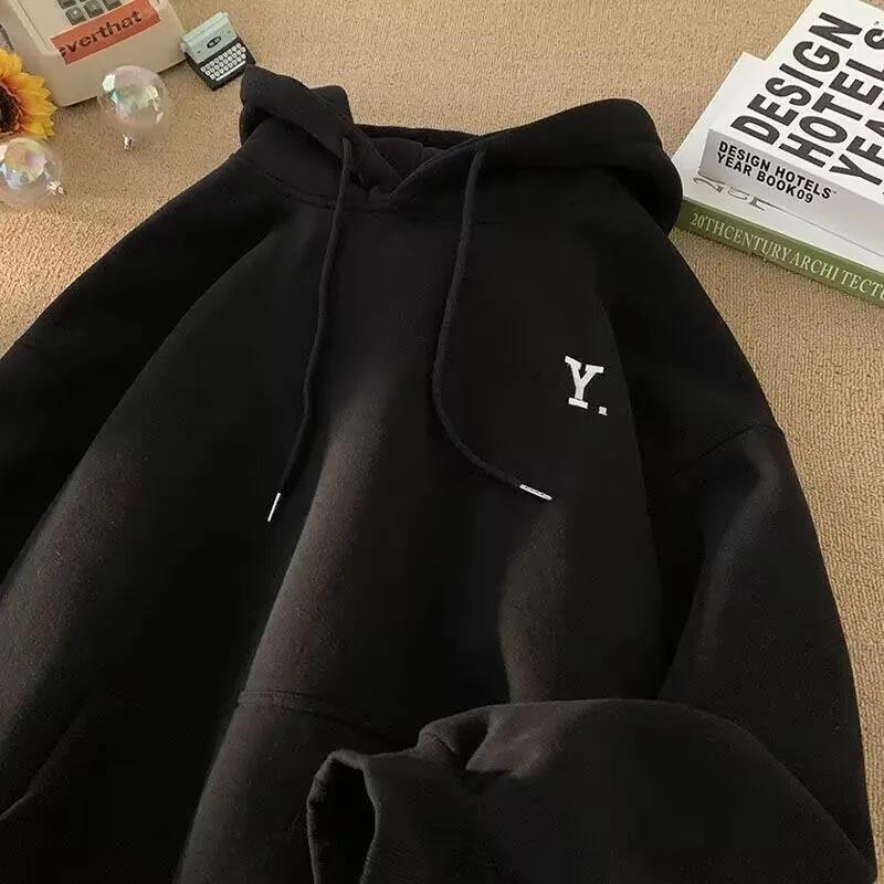 

Світшот з капюшоном з оксамиту Срібної лисиці в корейському стилі з принтом літер для жінок та чоловіків - Повсякденна осінньо-зимова куртка Fleece Lined - Black [100% Cotton]