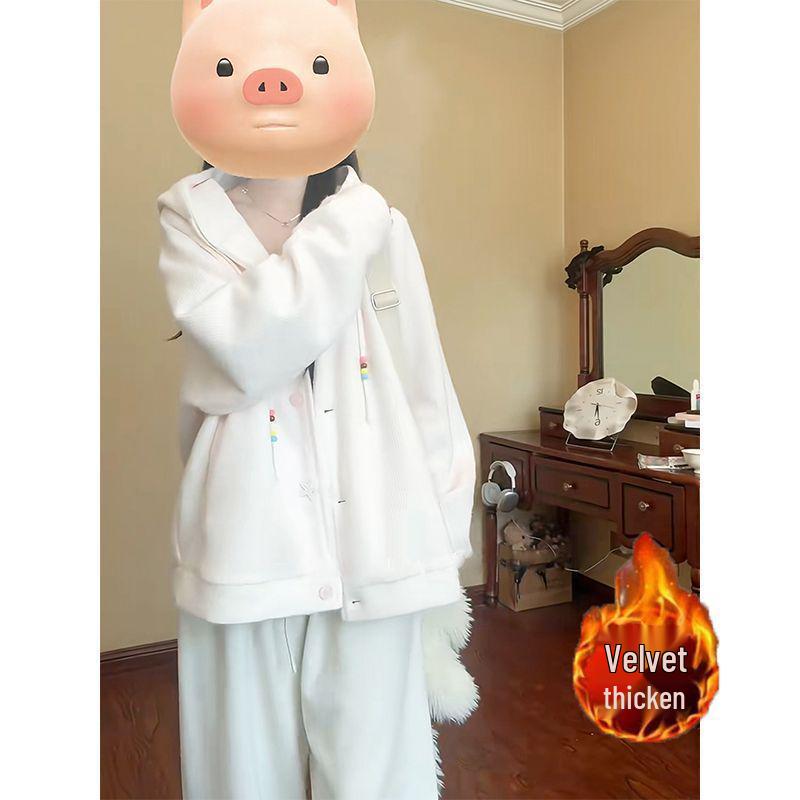 Damen Rosa Kapuzen Strick Cardigan Mantel - Koreanischer College Stil, Herbst/Winter Plus Samt Hoodie