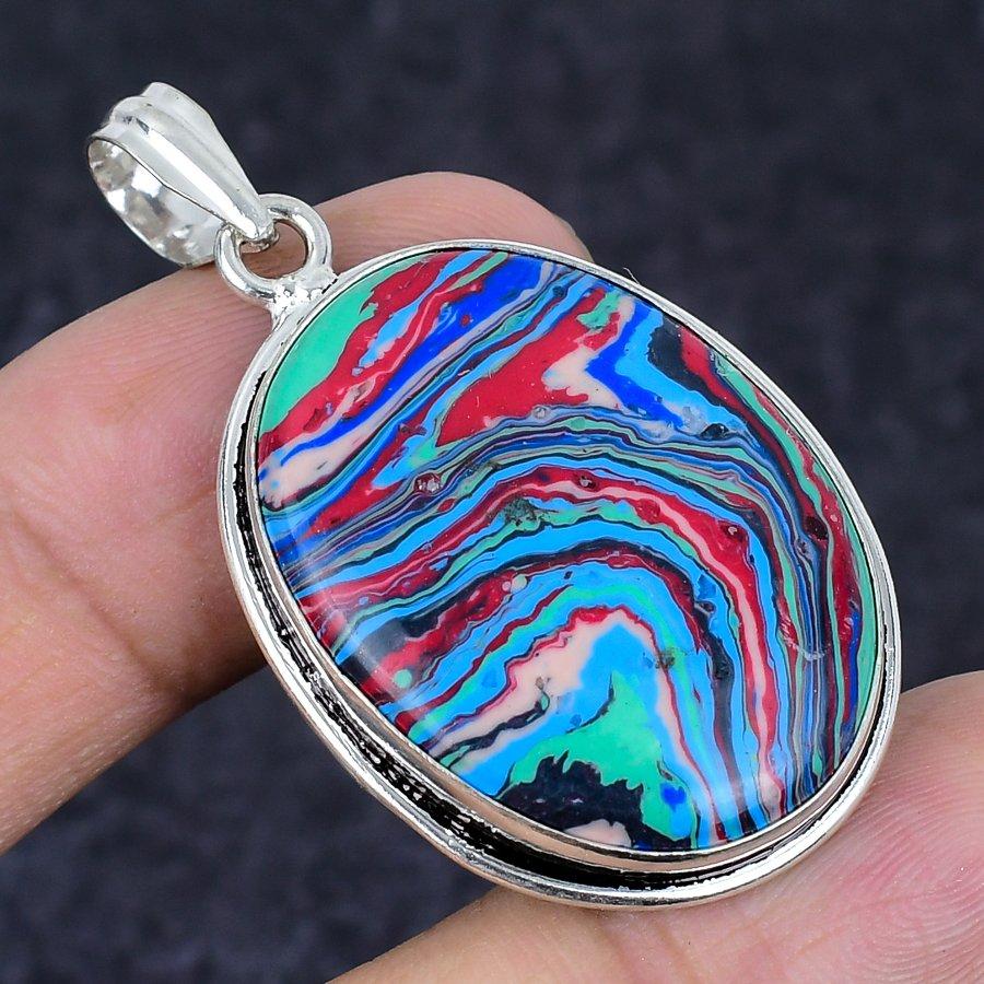Rainbow Calsilica Gemstone Handmade 925 Sterling Silver Pendant 1.93" D2a92
