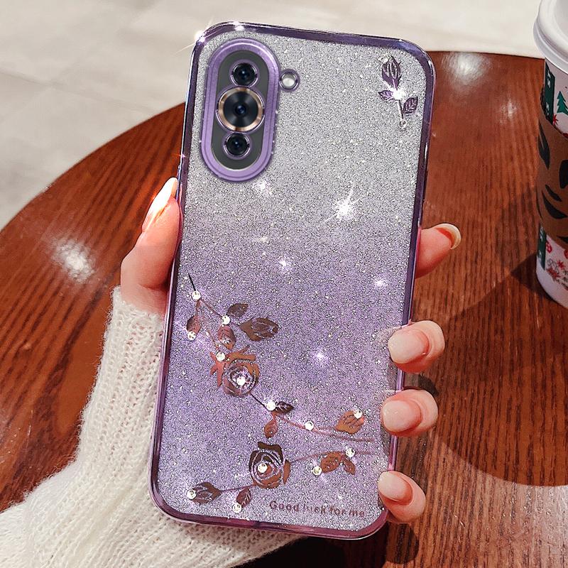 

KADEM Flower Pattern Glitter Powder TPU Case for Huawei nova 10 4G,Rhinestone Gradient Color Protective Phone Cover Purple