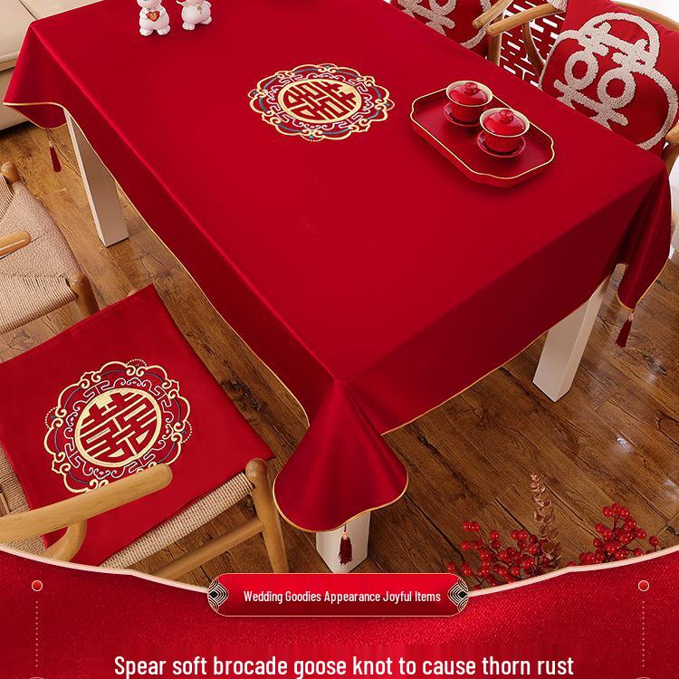 Red Chinese Double Happiness Wedding Tablecloth for Engagement and Festive Decoration
