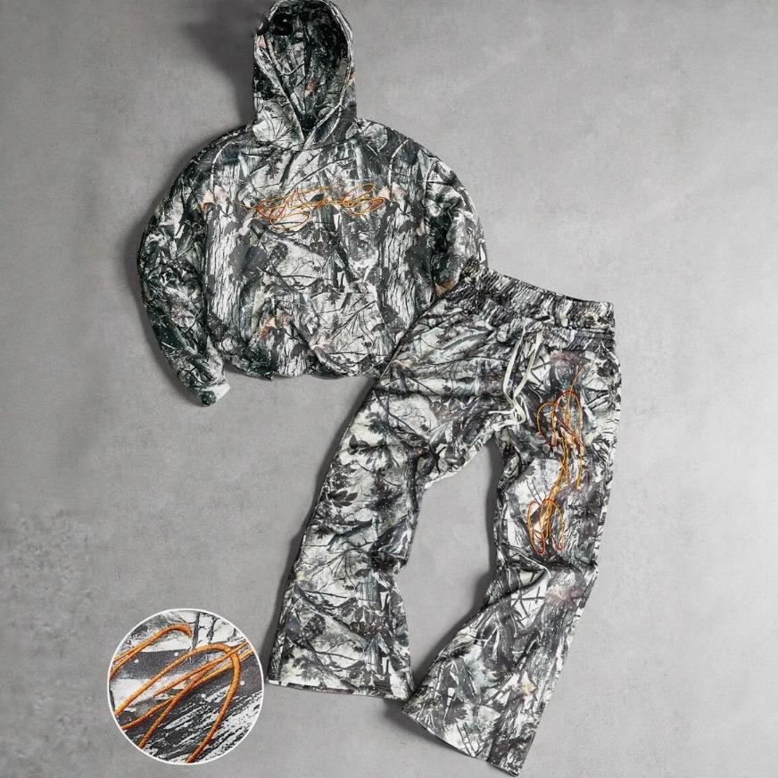 American high street jungle camouflage hooded sweater with straight pants, retro loose casual two-piece set
