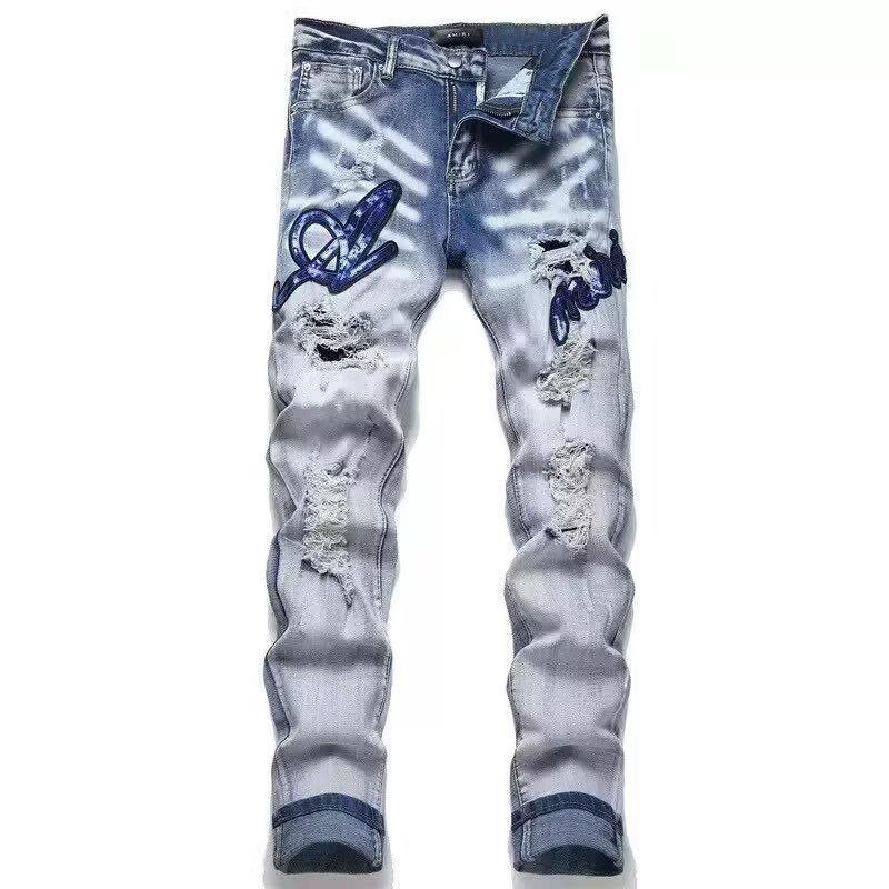 Punk Retro Blue Ripped Slim Fit Printed Men's Jeans
