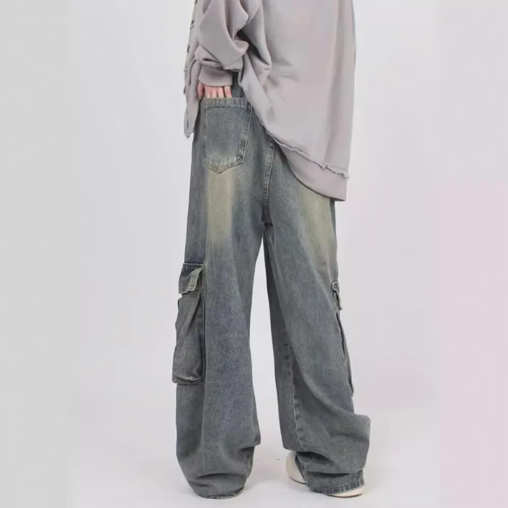 Unisex Retro Distressed Multi-Pocket Jeans: High Street Casual Overalls