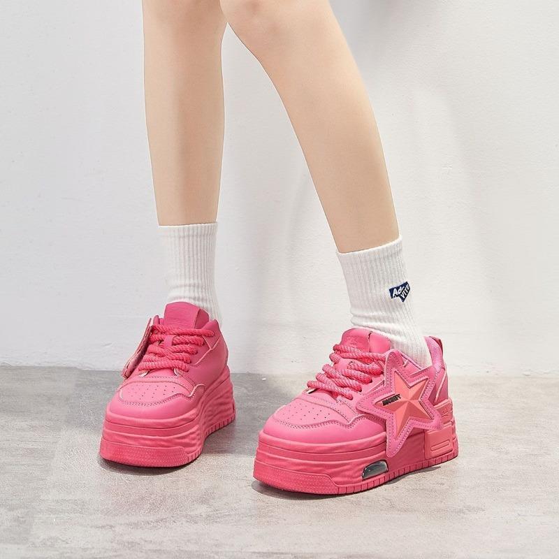 Leather Pink Chunky Sneakers Platform Lace-up Thick Sole Casual Shoes Women  Slip On Fashion Outdoors Walking Shoes