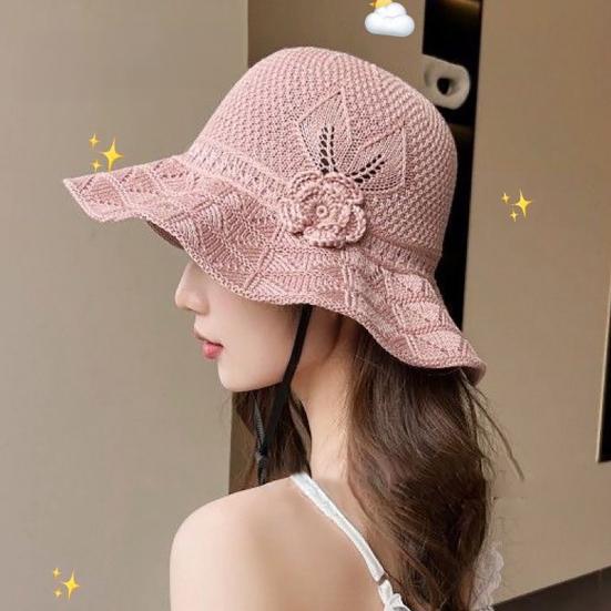 Fisherman Hat Three-Dimensional Flower Decoration Summer Sun Hat Hollow Crochet Large Brim Sun Protection Hat