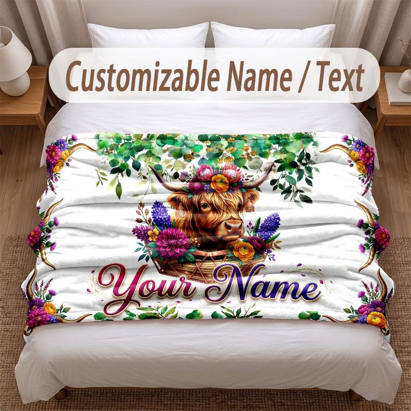 Highland Cow Theme Soft Blanket Personalized Custom Name Text Print Warm Blanket Home Sofa Bedroom Decor