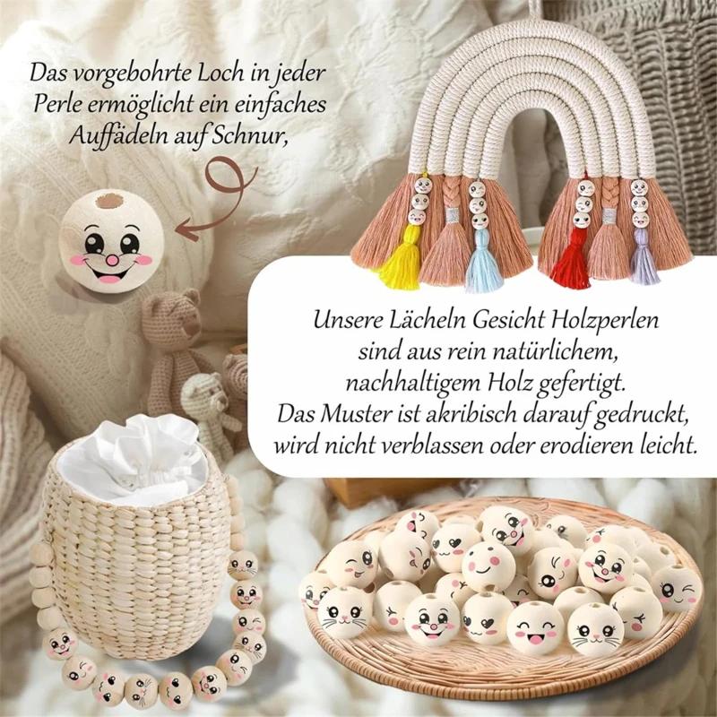 12 Styles Wooden Beads with Face 20 mm Smile Face Wooden Bead Natural Wood Beads Round with Hole Pack of 80