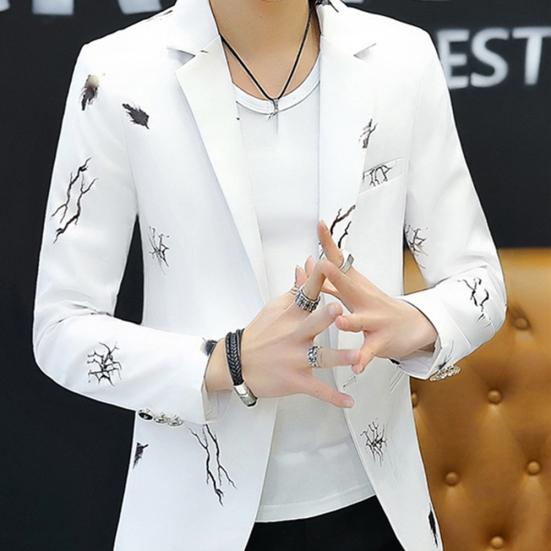 Mode Herr Tryckt Långärmad Slag Enknäppt Smal Blazer Kostym Jacka Rock