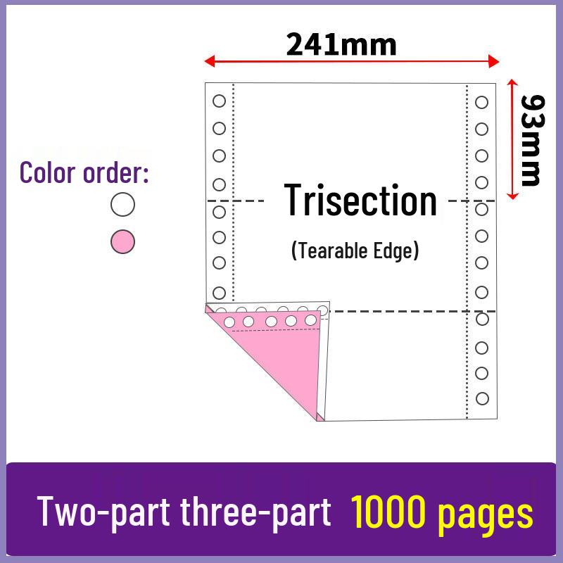 Three-part, two-fold pin-feed paper; two-part, three-fold accounting voucher paper; three-part, four-part printer form.