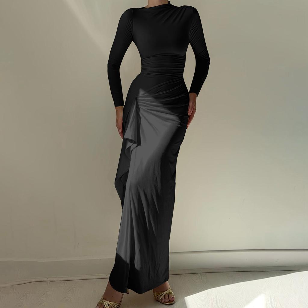 Women's Casual Fashion Long Sleeve Color Slim Waist Dress