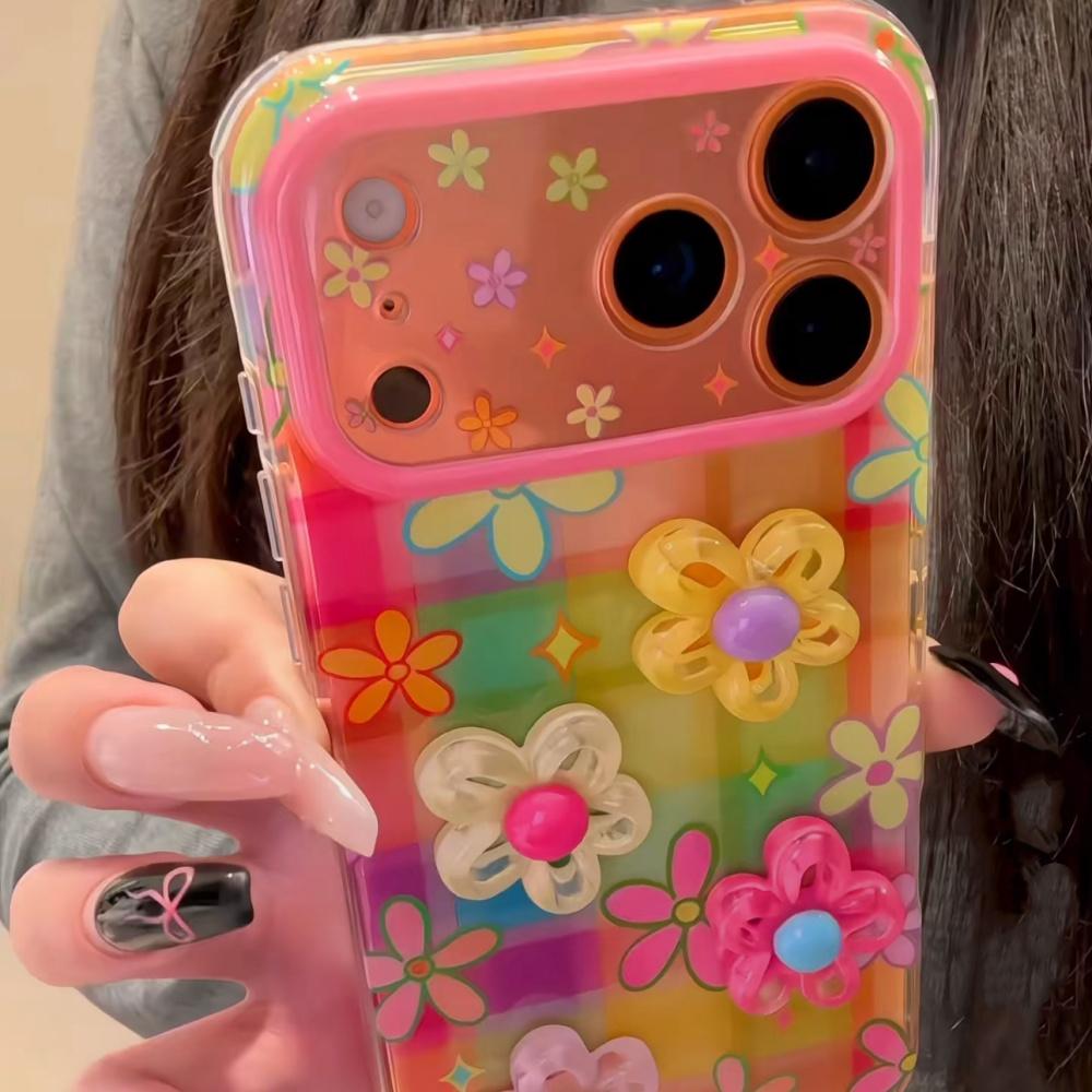 Korean Style Ins Dopamine Colorful Checkered 3D Flower iPhone 17 Pro Max Case for Apple 15 Pro 14 13 16 Women Unique Full Cover