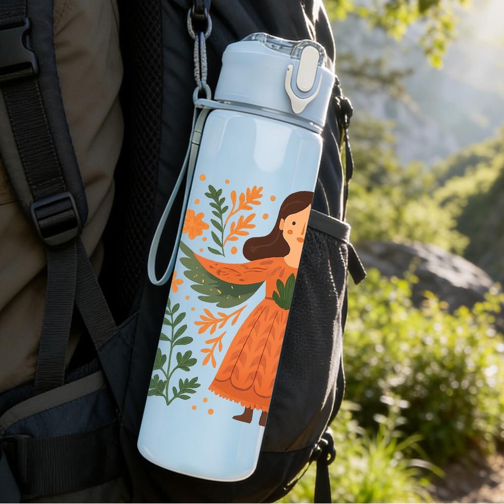 1PC Floral Angel Girl Art 750ml Color Plastic Sports Water Bottle Leakproof Flip Straw Lid Suitable for Sports Office Home Use
