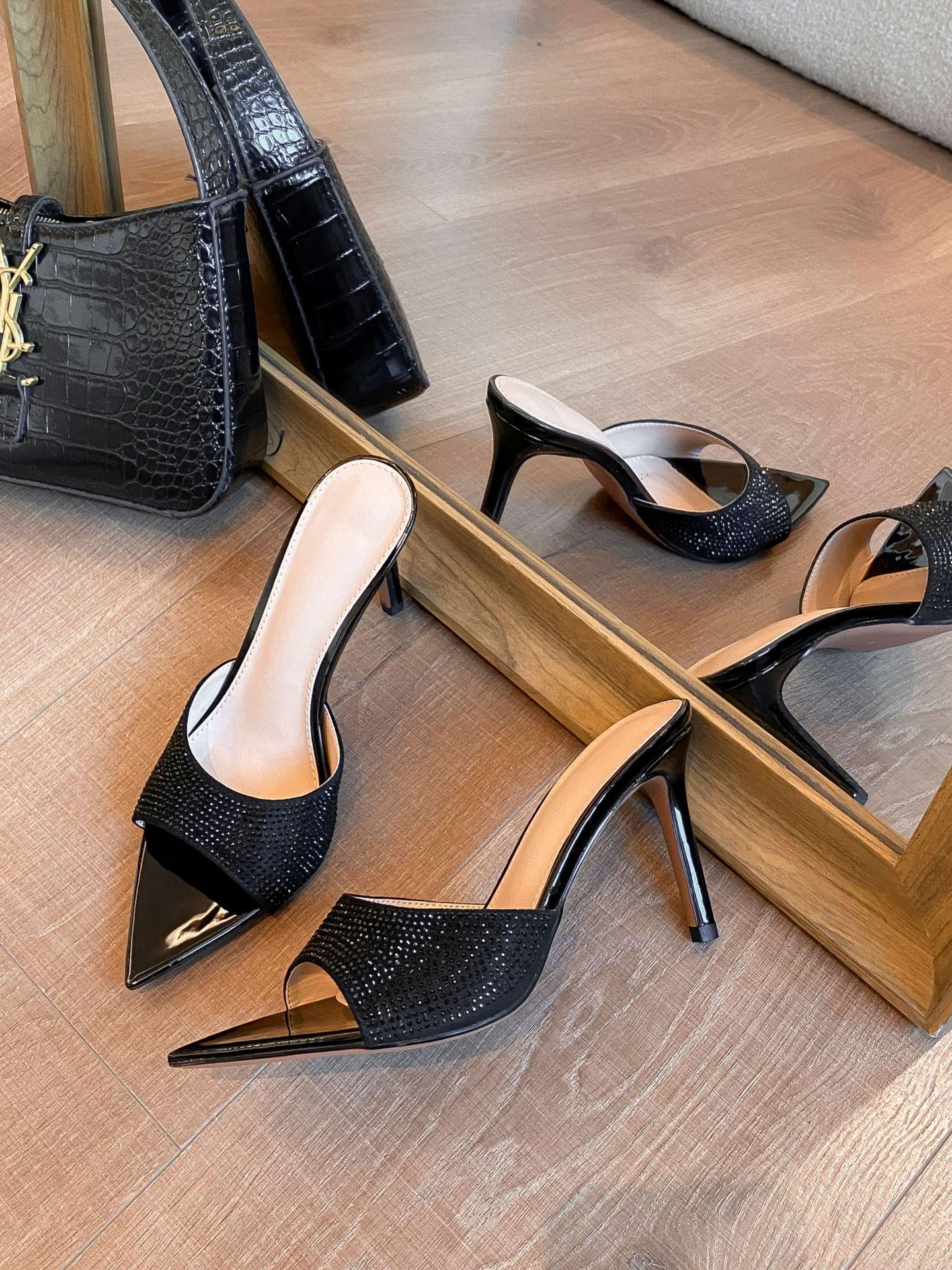 

2025 new summer French elegant pointed stiletto high heels women wear open-toed rhinestones sexy high-heeled sandals 40