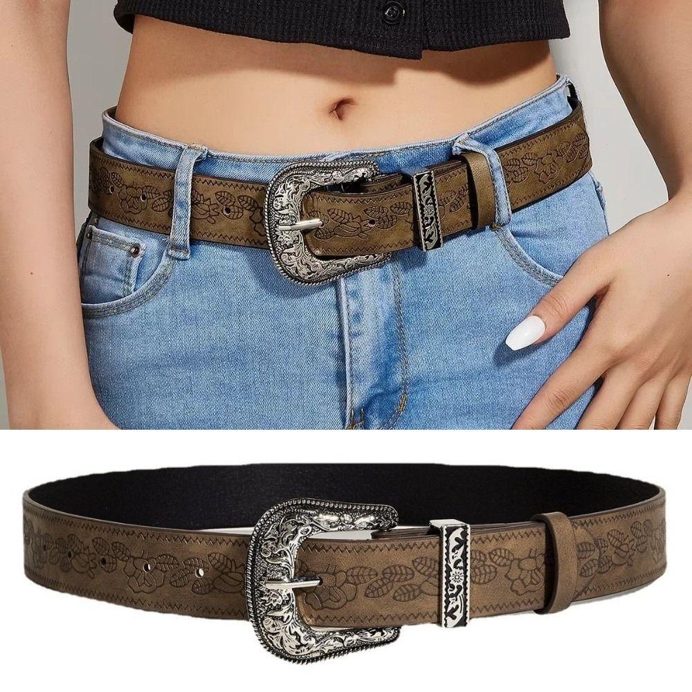 Fashion Hip Hop Y2K Pattern Belt Adjustable Engraved Rose Pattern Western PU Leather Belt Waist Belt Women Jeans Decoration