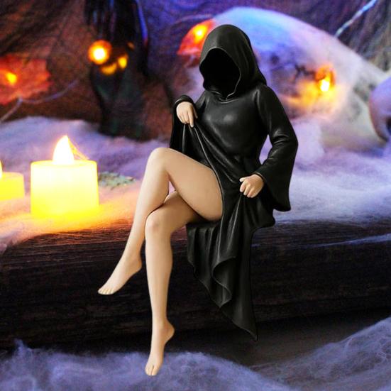 Gothic Bookshelf Sculpture Sexy Black Robe Female Figure Resin Spooky Woman Figurine for Halloween Desktop Decoration