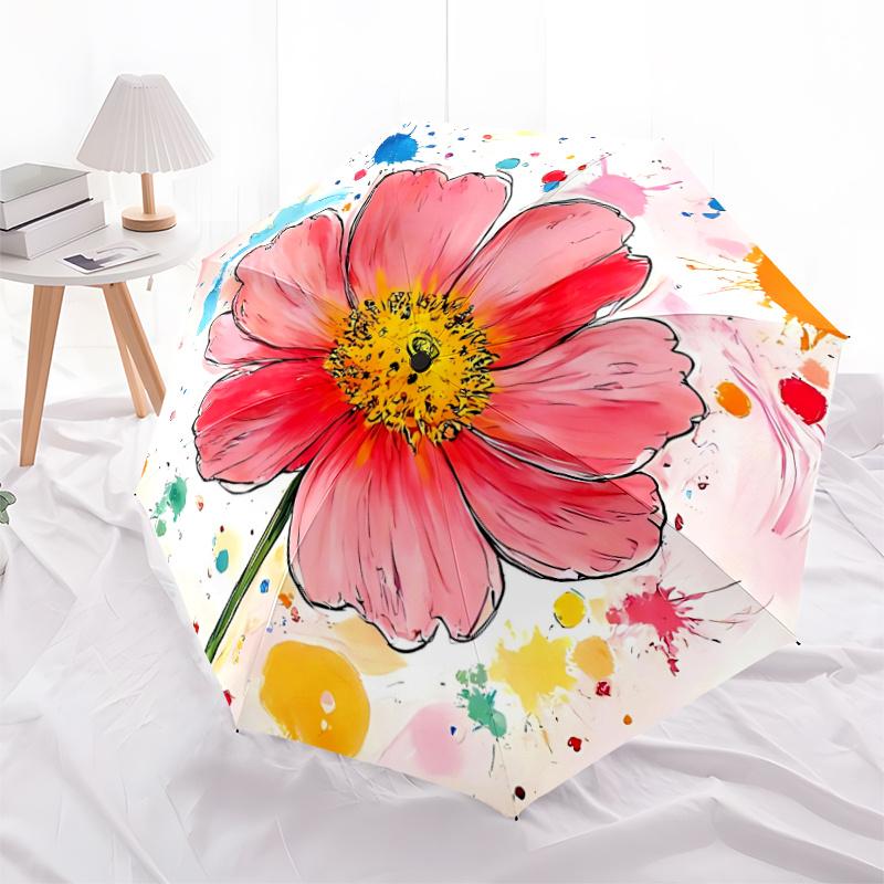 1pc Flower Artwork Automatic Folding Umbrella - Compact 8-Rib Design, Durable Plastic & Iron, Festive Gift, Compact Umbrellan031