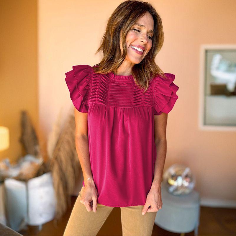 

Ruffles Pullover Fashion Pleated Stand Collar Short Sleeve Rose Red P6 L code fits (62.50 kg-70.00 kg