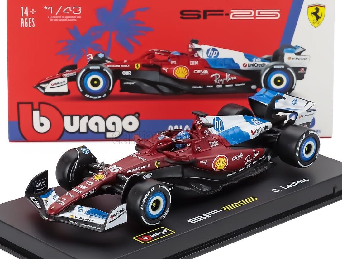 Bburago 1/43 Scale Ferrari F1 SF-25 #16 Charles Leclerc 2025 Miami GP Bburago Charles Leclerc Model with Driver