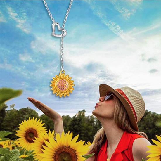 Women Sunflower Heart Rhinestone Pendant Clavicle Chain Necklace Jewelry Gift