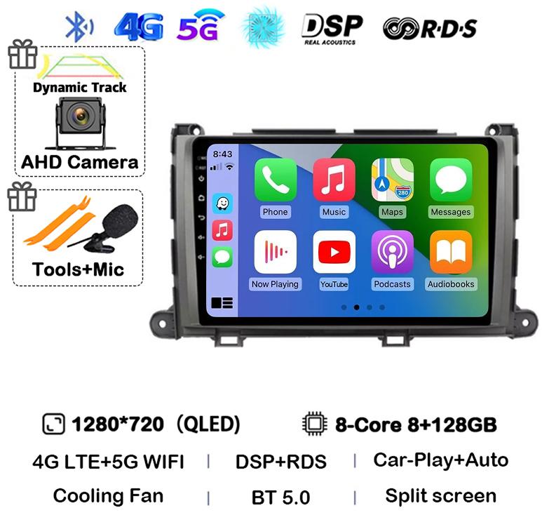 Android 14 Carplay Car Radio Player for Toyota Sienna 2009 2010 2011 2012 2013 2014 2Din Multimedia Autoradio Navigation GPS DSP