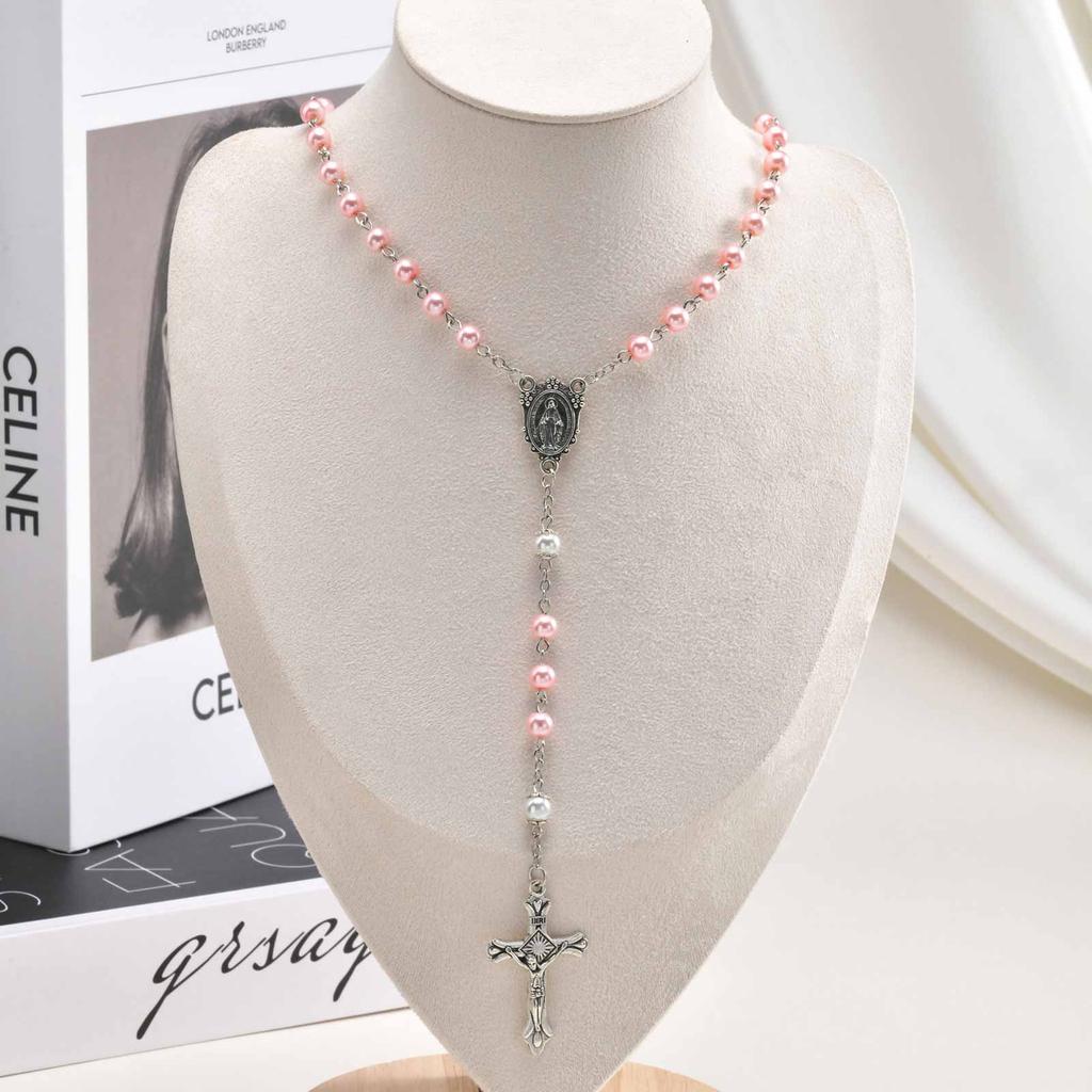 Croce Rosario Vergine Maria Collana a Y per Donna Catena di Perle Finte Rosa Collane Catena Regali Gioielli Cristiani per la Preghiera