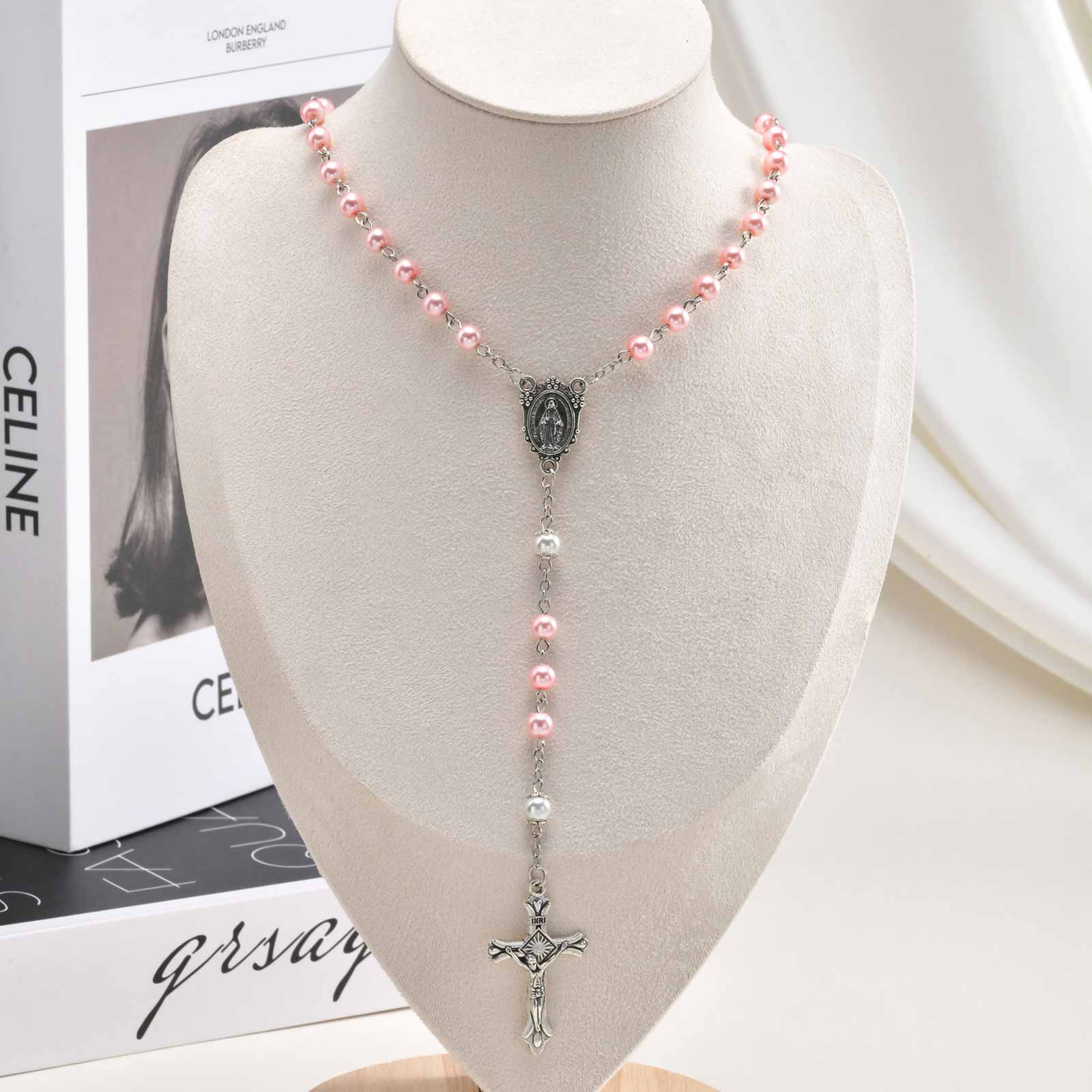 

Rosary Cross Virgin Mary Y-Shaped Necklace for Women Pink Faux Pearl Beaded Chain Necklaces Prayer Christian Jewelry Gifts