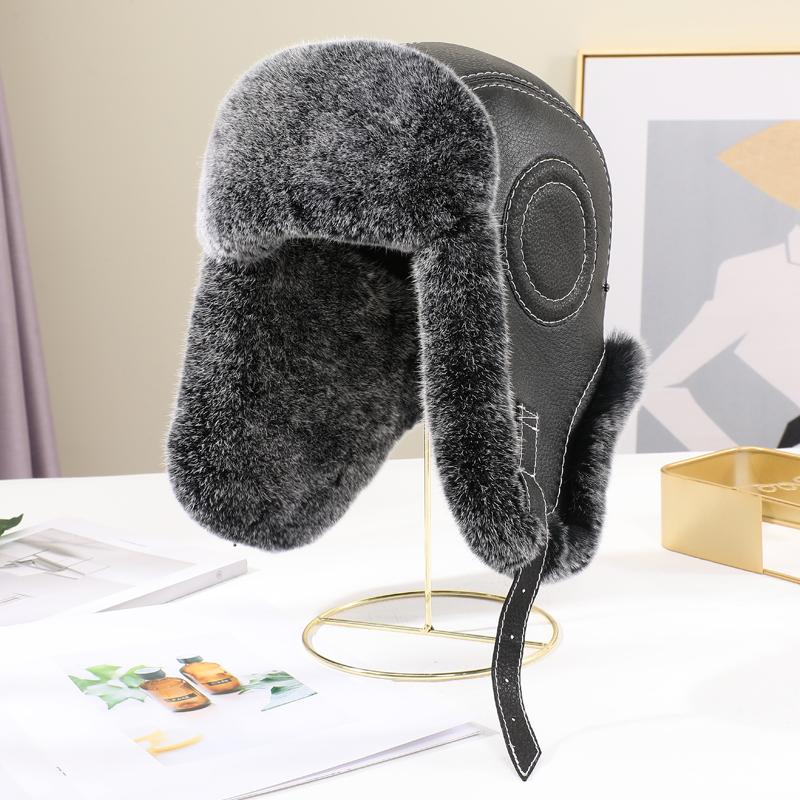 New Men's Natural Rex Rabbit Fur Bomber Hats Winter Russian Man Warm Real Sheepskin Leather Hat Male Real Fur Caps
