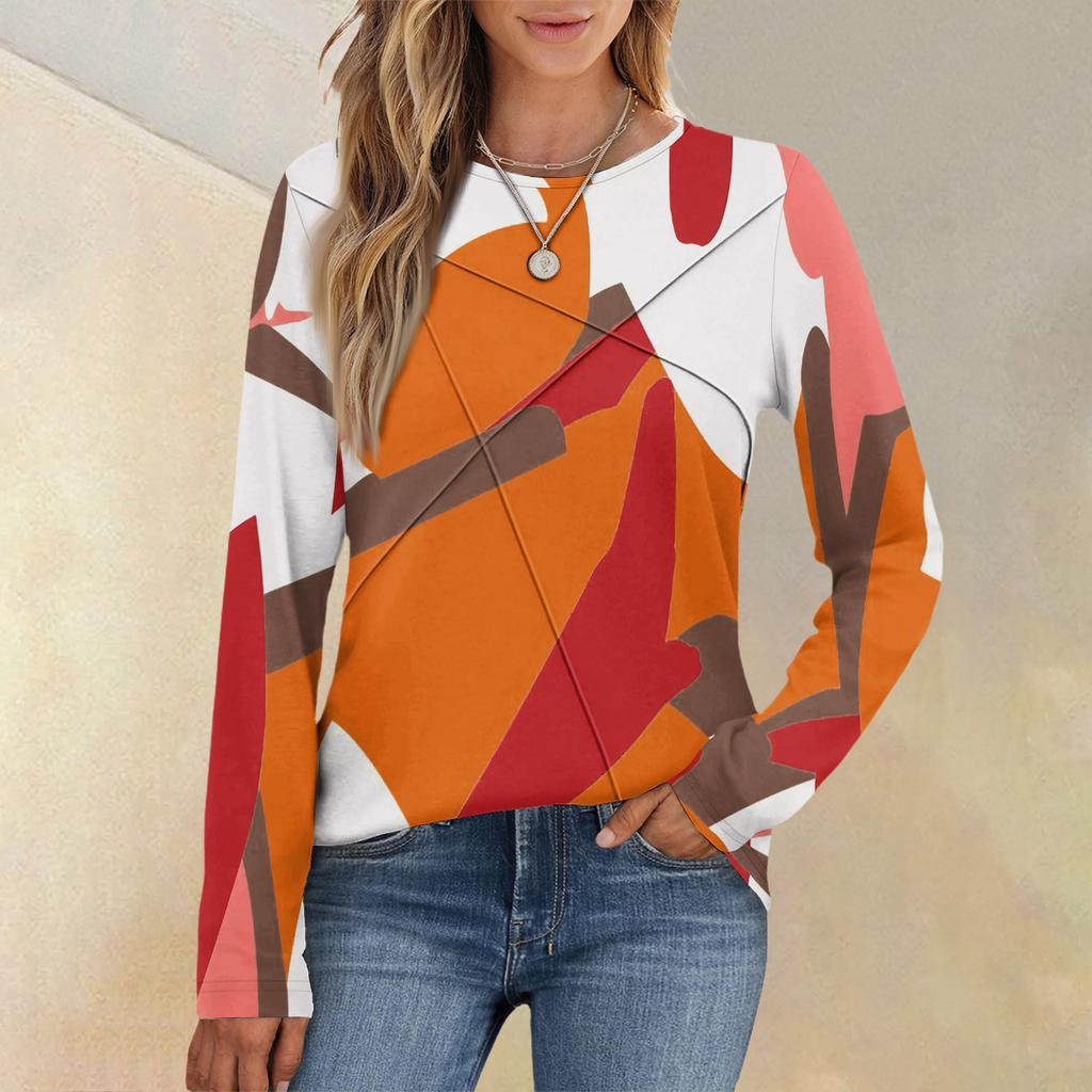 Módní dámský top s dlouhým rukávem, kulatým výstřihem, ležérní, plisovaný, retro geometrický potisk, volný