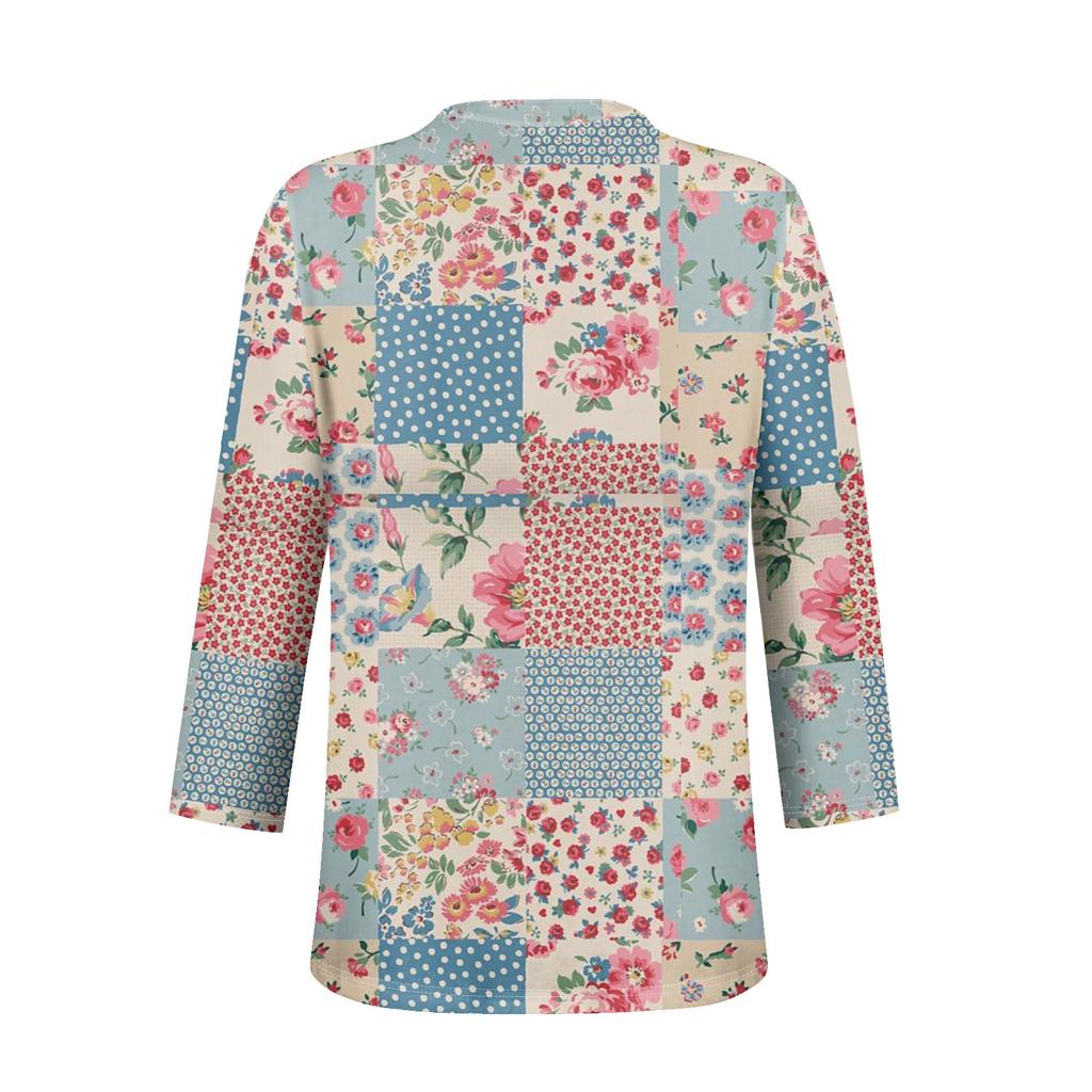 Women's Fashion Casual Three-quarters Sleeve V Neck Floral Print Top