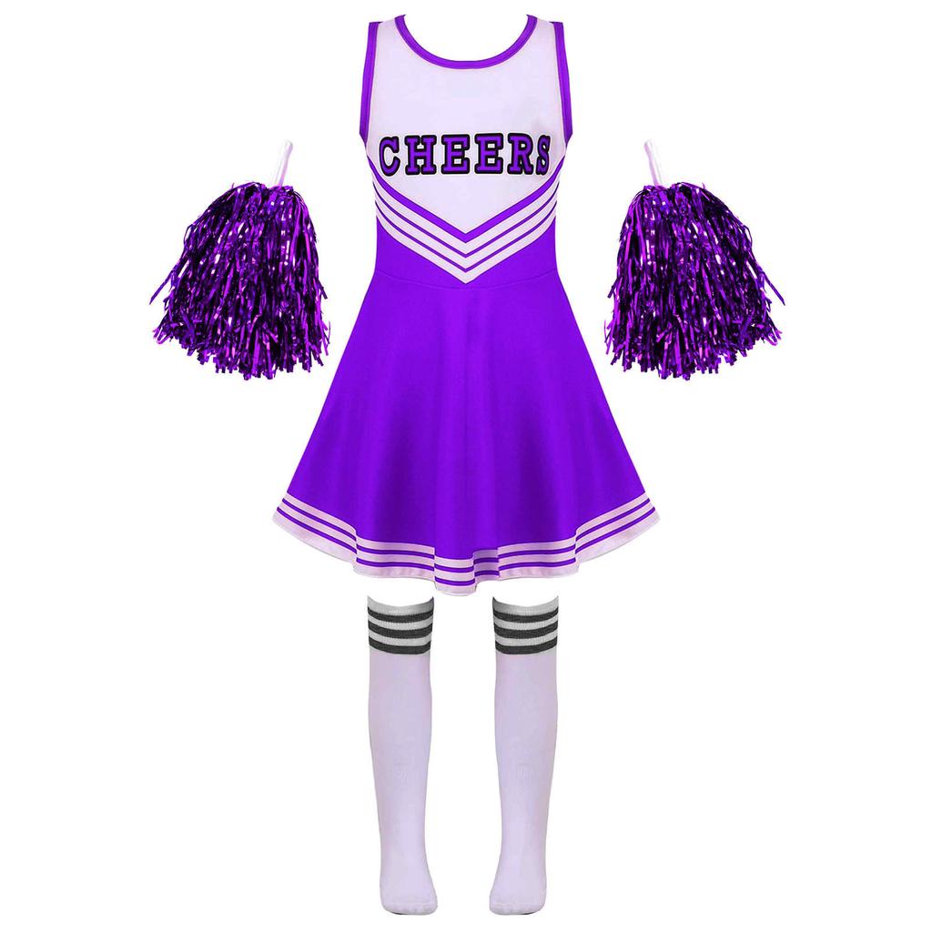 Set di Abbigliamento Cheerleading per Ragazze Senza Maniche Girocollo Stampa Lettere Stile Patchwork Vestito da Danza Calzini con Fiore Cheer