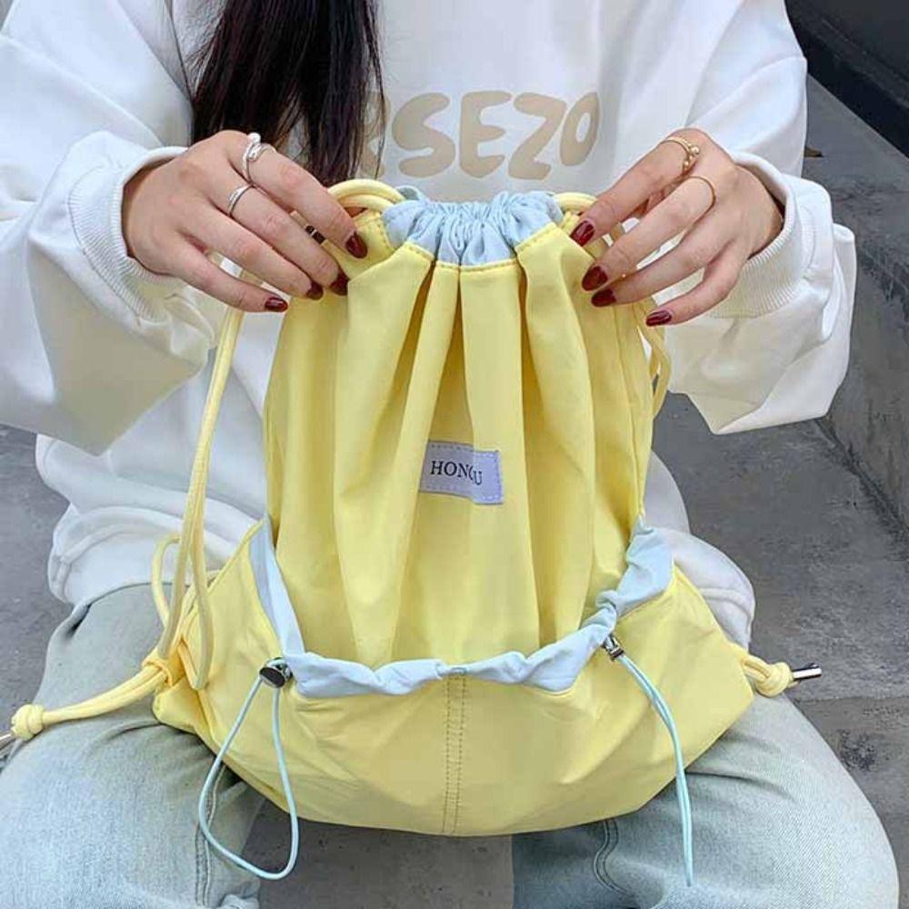 Large Capacity Light Soft Nylon Bag Contrast Color Shoulder Bag Drawstring  Backpacks  Travel