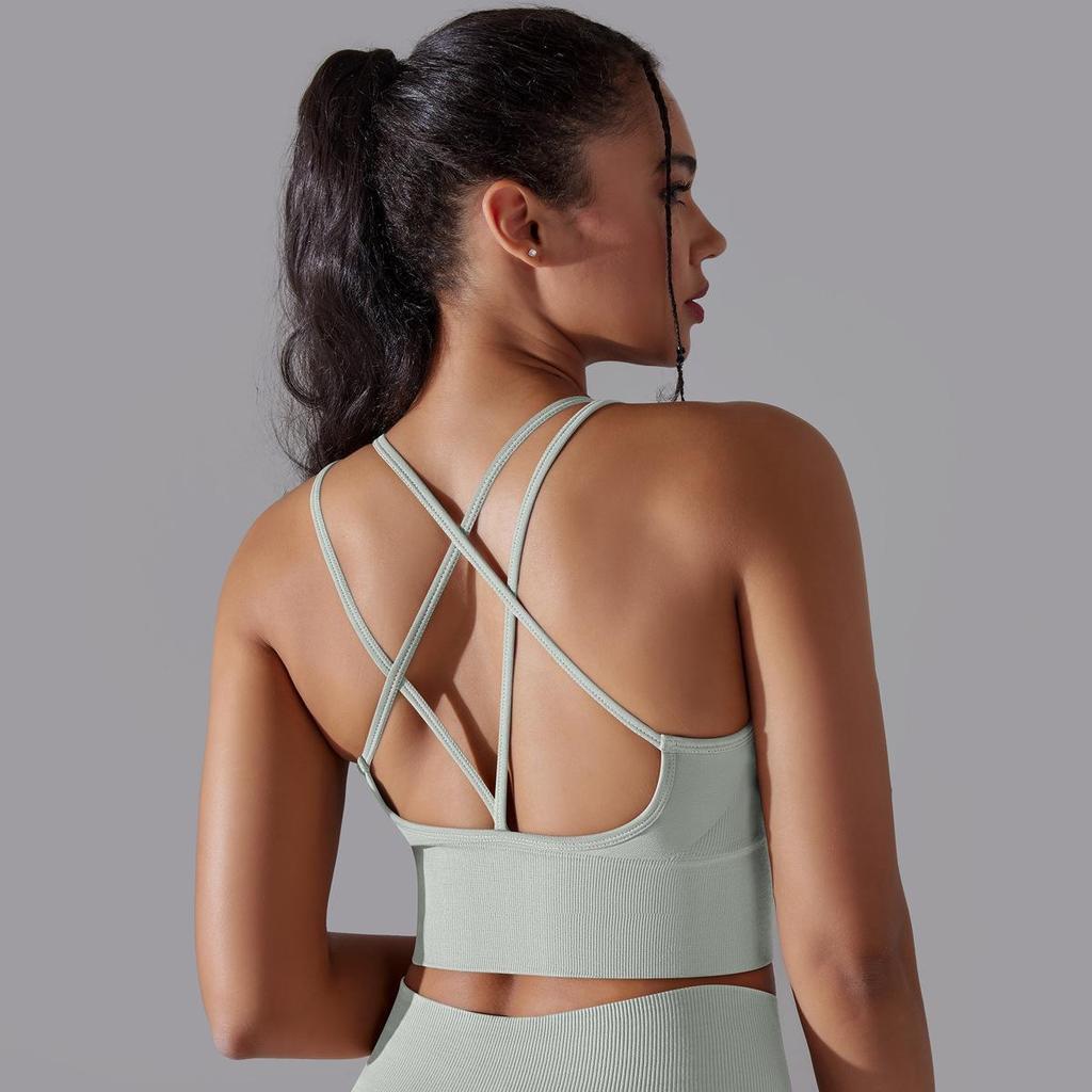 Solid Color Cross Back Sports Bra, Tight Fitting, Shock-absorbing, Gathering, High-strength Vest, Yoga And Fitness Bra For Women