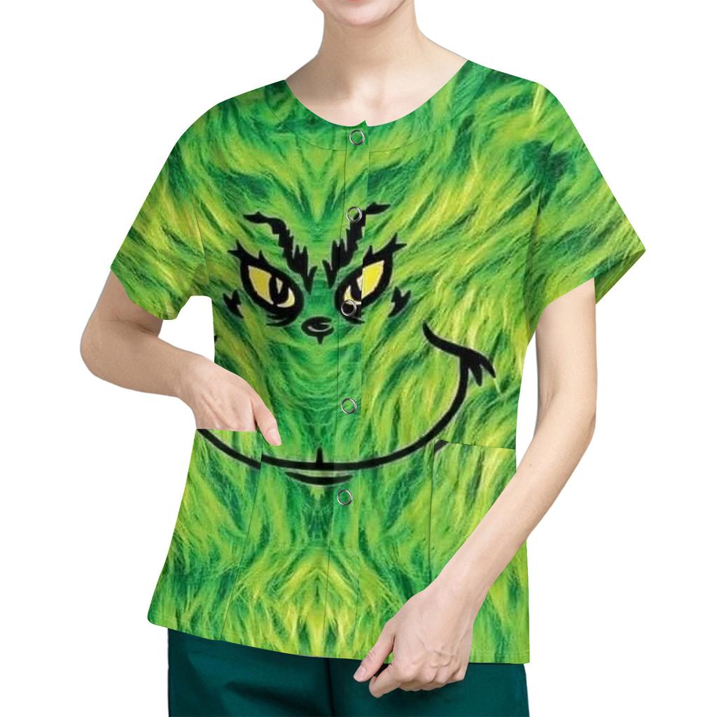 Women's Short Sleeved Patterned Pockets, Work Print Stand Up Collar, Single Breasted Protective Clothing, Cardigan Jacket, Top