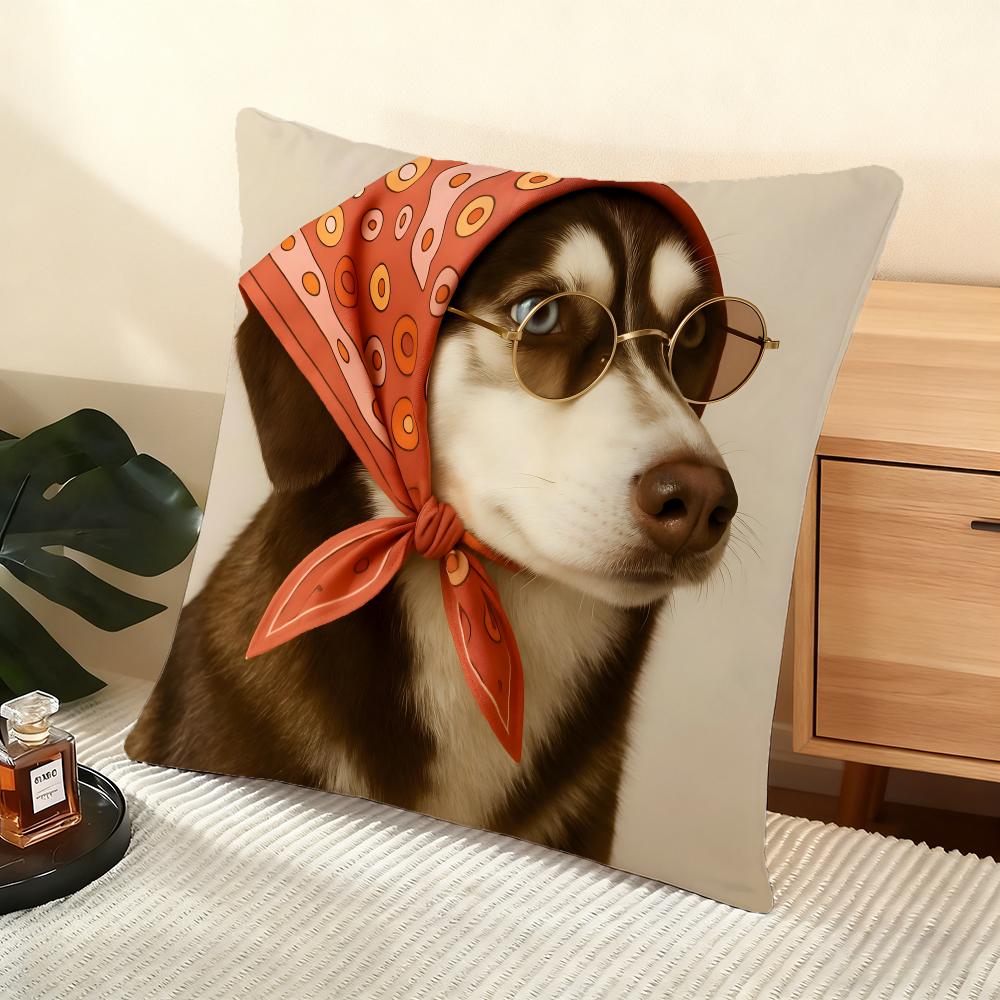 Animals Wearing Bandanas Cushion Cover Silky Short Plush Home Sofa Cushion Cover - Invisible Zipper Home Decoration