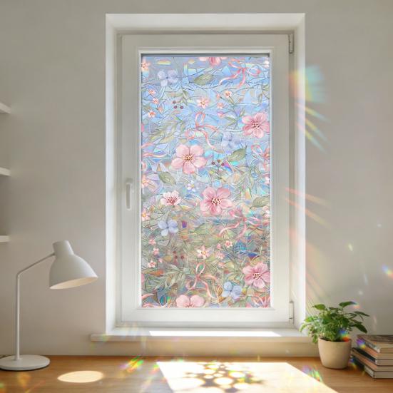 4 Sheets Rainbow Floral Window Privacy Film Stained Glass Decorative Decals Sun Blocking Heat Control Static Glass Clings for Bedroom Living Room