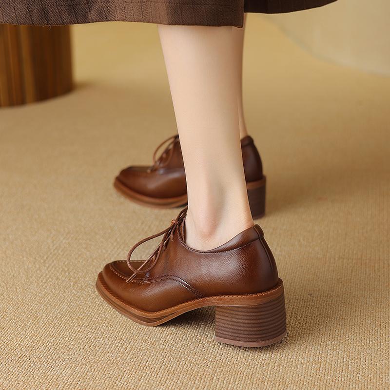 2024 Nový Luxusní Design Dámské Ležérní Kožené Boty Pravá Kůže Boty na Vysokém Podpatku s Kulatou Špičkou Britské Šněrovací Derby Boty Lodičky