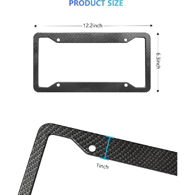 Carbon Fiber License Plate Frames- Black Carbon Pattern Aluminum Front & Rear Car Tag Holder Cover 2 Pack With Mount Hardware, Screws, Caps,
