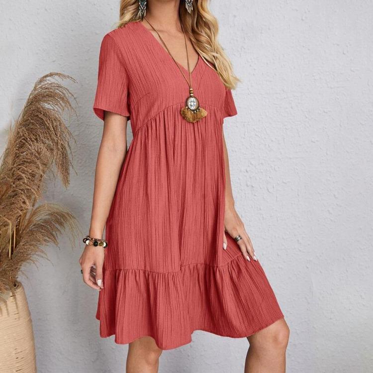 

Women Summer Loose V Neck Short Sleeve Cake Dress S красный