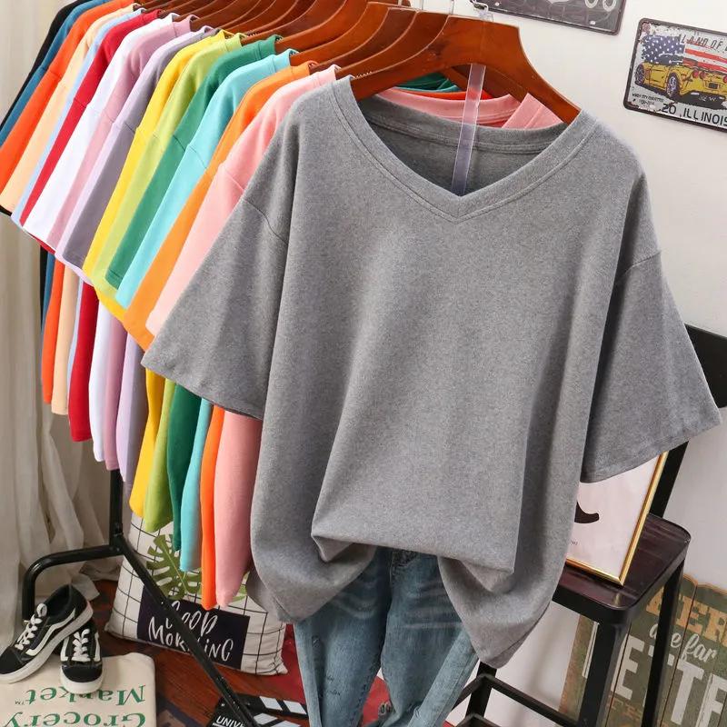 T-shirt da donna a tinta unita con scollo a V, manica corta larga