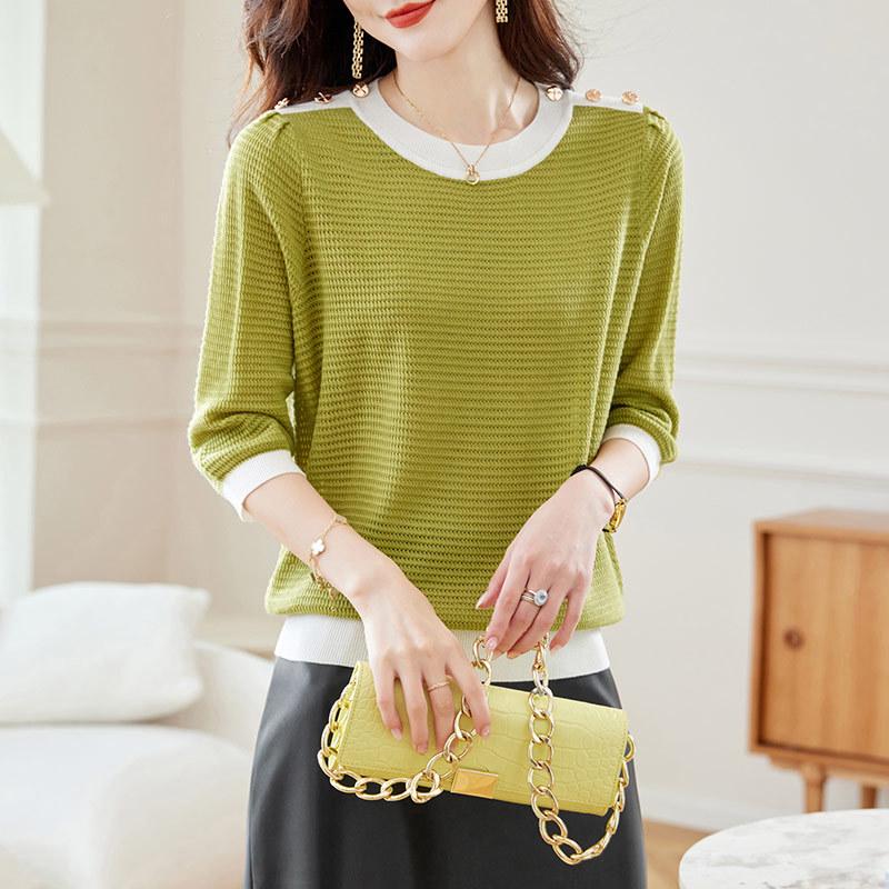 

Женский вязаный пуловер со средним рукавом, лето 2024 г.: Универсальный, повседневный тонкий свитер One size зелёный