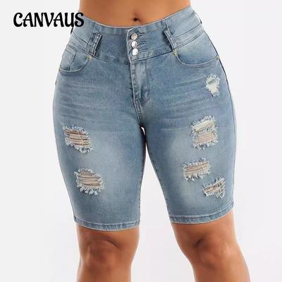 Jeans de Cintura Alta con Agujeros Rotos Shorts de Mujer Elásticos Finos Ajustados Levanta Caderas