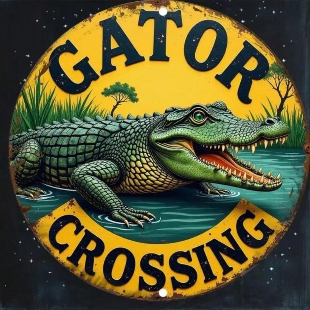 Metal Alligator Crossing Sign Wall Art Outdoor Indoor Decor Weather Resistant Holiday Gift