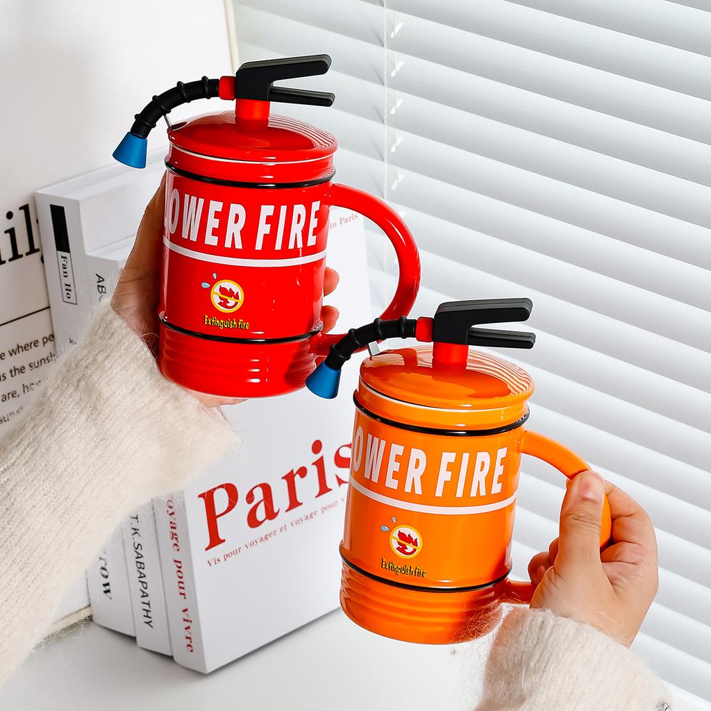 450ML Fire Shaped Extinguisher Ceramic Mug with Spoon Handle Lid Porcelain Coffee Tea Milk Cup Breakfast Water Gift for Fireman