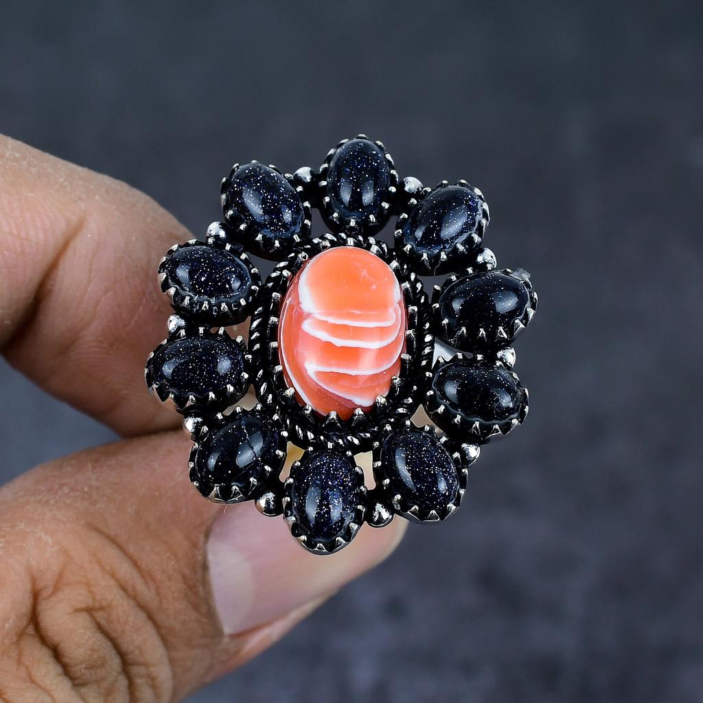 Natural Orange Lace Agate, Sunstone 925 Sterling Silver Jewelry Ring Size 8 B4D79