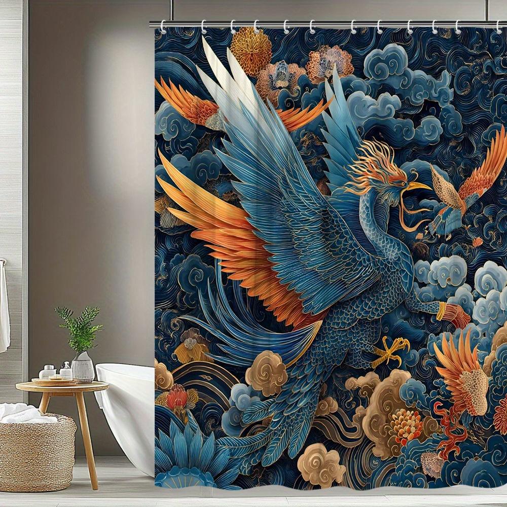 1pc Phoenix Shower Curtain Elegant Traditional Chinese Style Dynamic Design Bathroom Decor Polyester Fabric with 12 Hooks