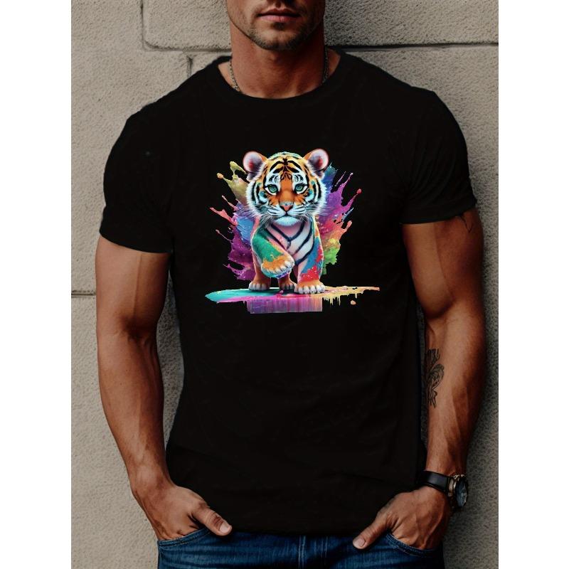

European Size Men s Casual Tiger Print Short Sleeve T-Shirt - Breathable Polyester, Round Neck, Machine Washable - Perfect for Summer 4XL чорний