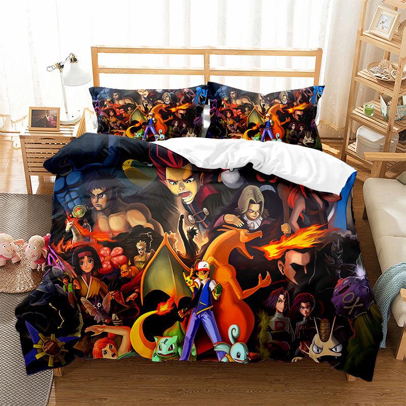Pokemons Cartoon Anime Bedding Set Kawaii Pikachu Gengar Eevee Charizard Quilt Duvet Cover Pillowcase Kid Bed Set Twin King Size