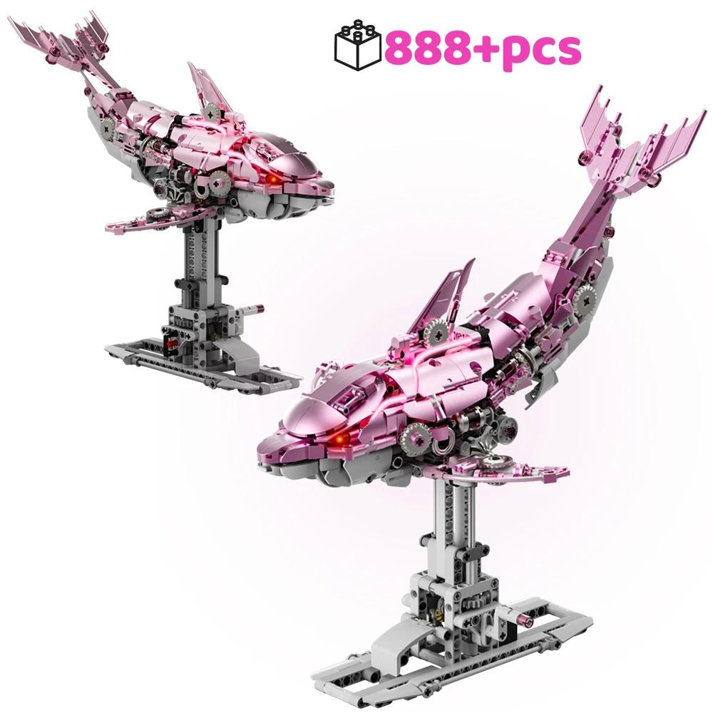 888Pcs Mechanical Dolphin Building Blocks Set With Motor Light Pink Blue Ocean Animal Linkage MOC 3D Desktop Model Gift Idea